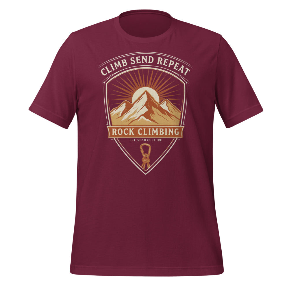 Climb Send Repeat mountaineering crest t-shirt — Maroon, front