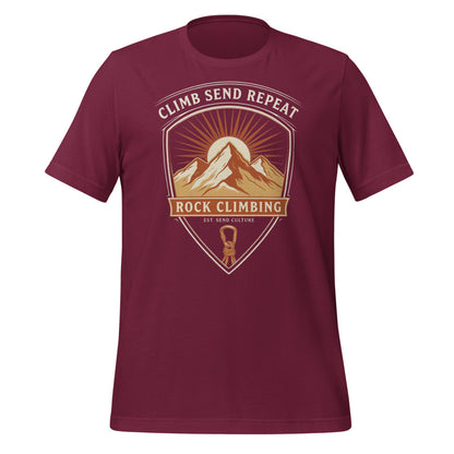 Climb Send Repeat mountaineering crest t-shirt — Maroon, front