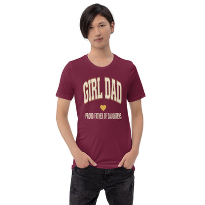 Girl Dad retro varsity tee — Maroon, on model
