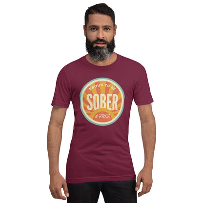 Sober & Proud retro sunburst tee — Maroon, on model