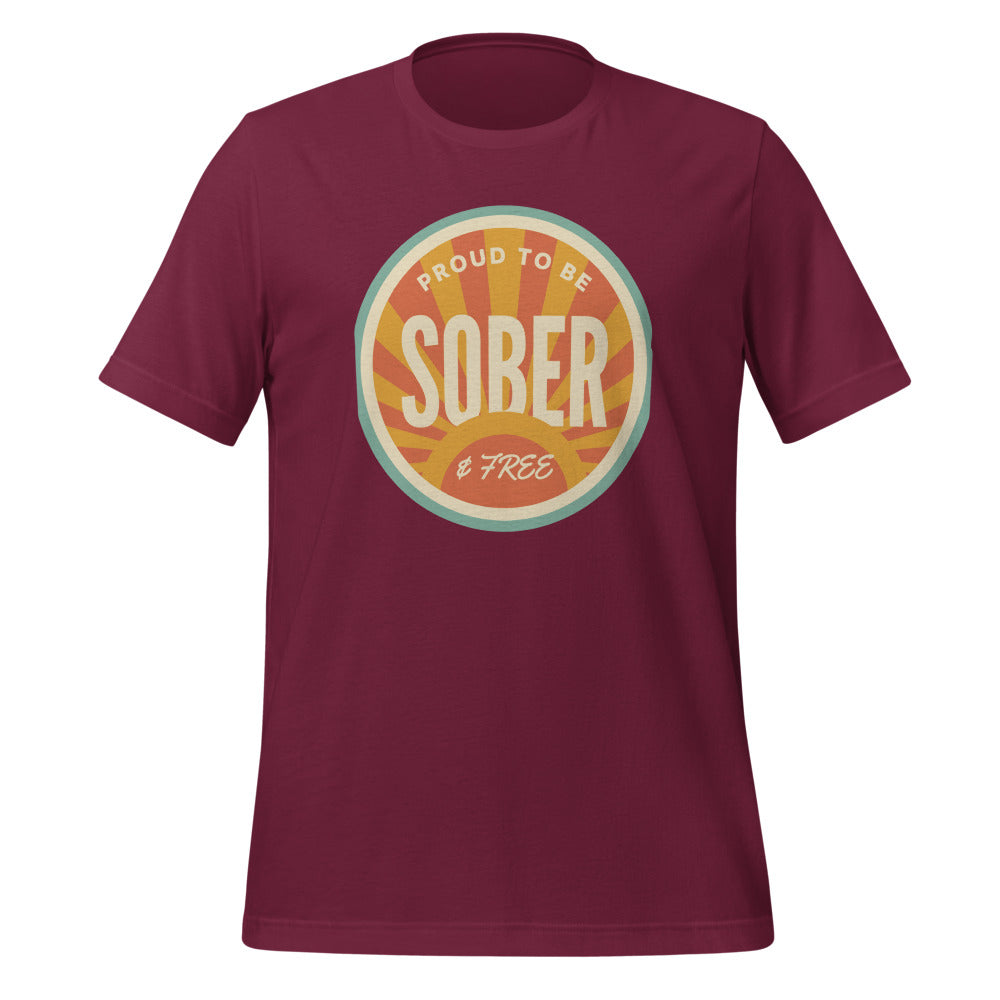 Sober & Proud retro sunburst tee — Maroon, front