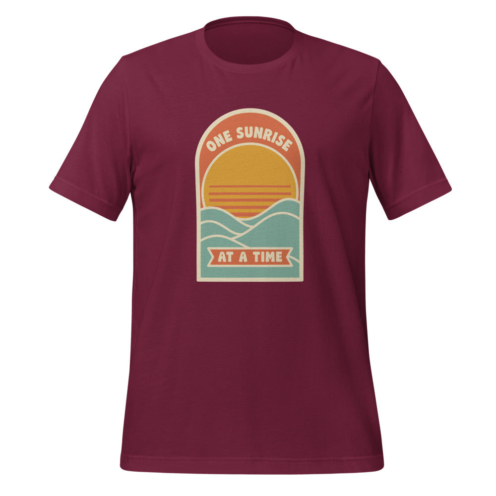 One Sunrise at a Time retro sunrise tee — Maroon, front