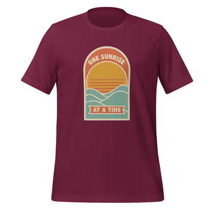 One Sunrise at a Time retro sunrise tee — Maroon, front