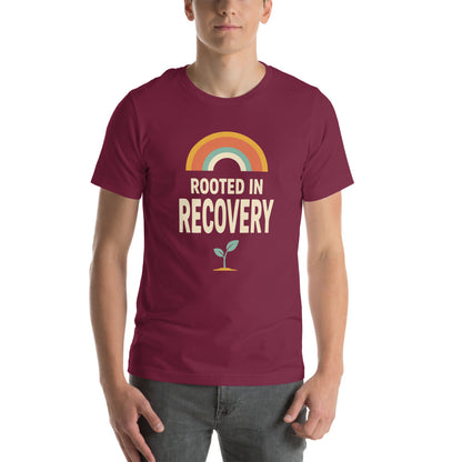 Rooted in Recovery retro rainbow tee — Maroon, on model