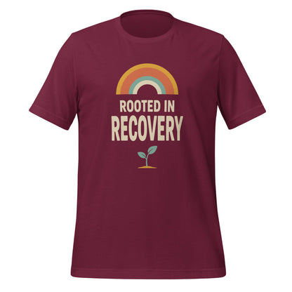 Rooted in Recovery retro rainbow tee — Maroon, front