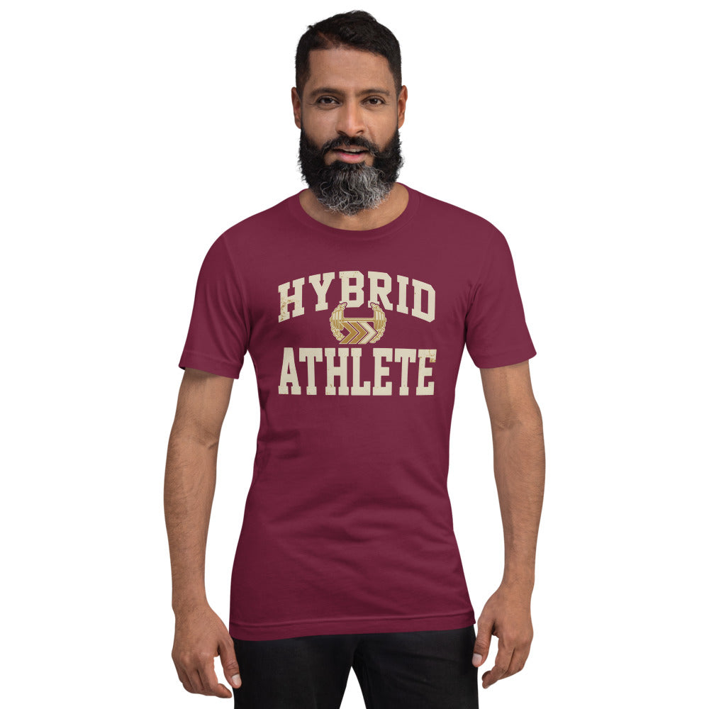 Hybrid Athlete vintage varsity tee — Maroon, on model