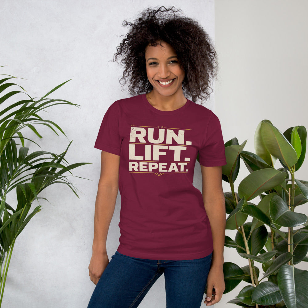 Run Lift Repeat vintage athletic tee — Maroon, on model