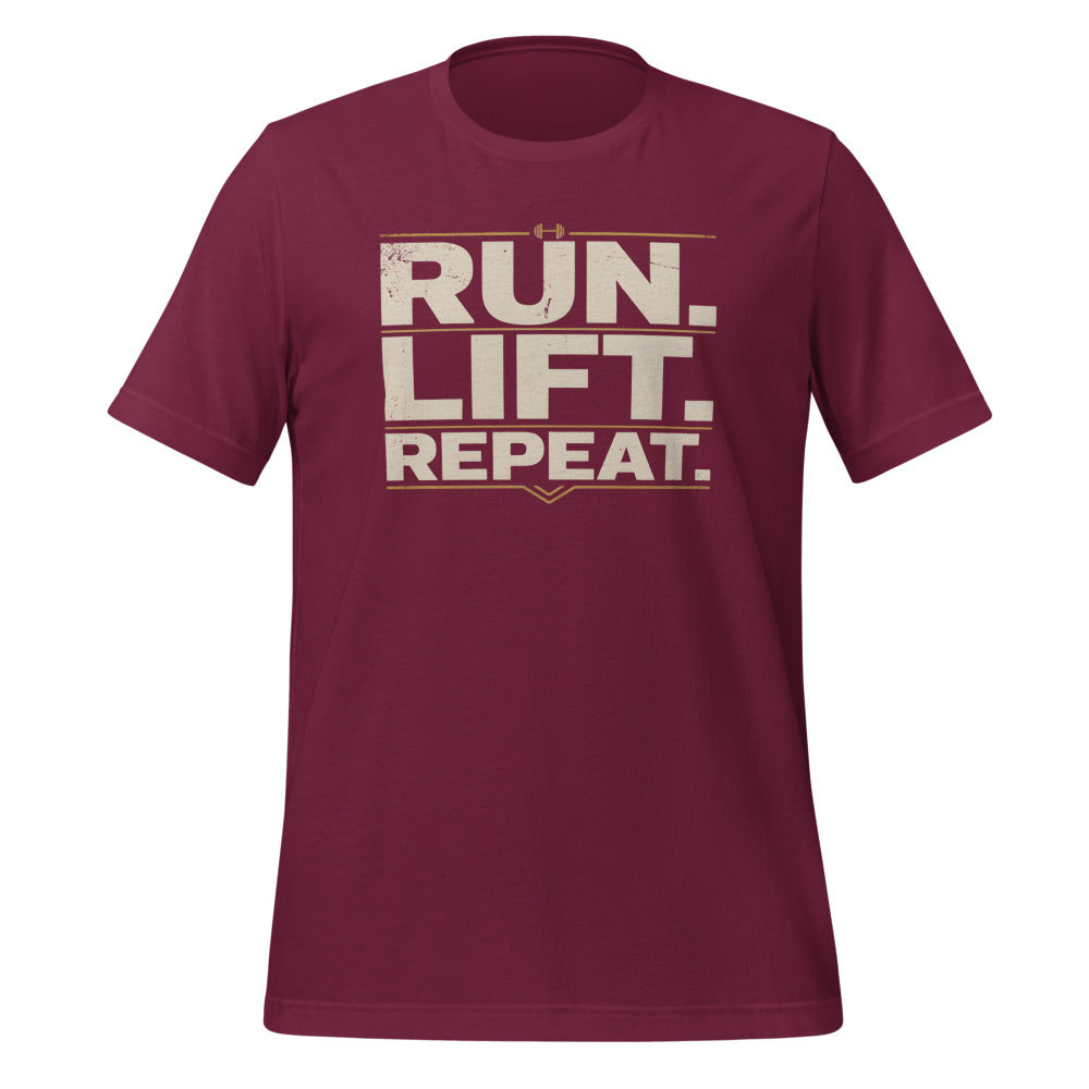 Run Lift Repeat vintage athletic tee — Maroon, front