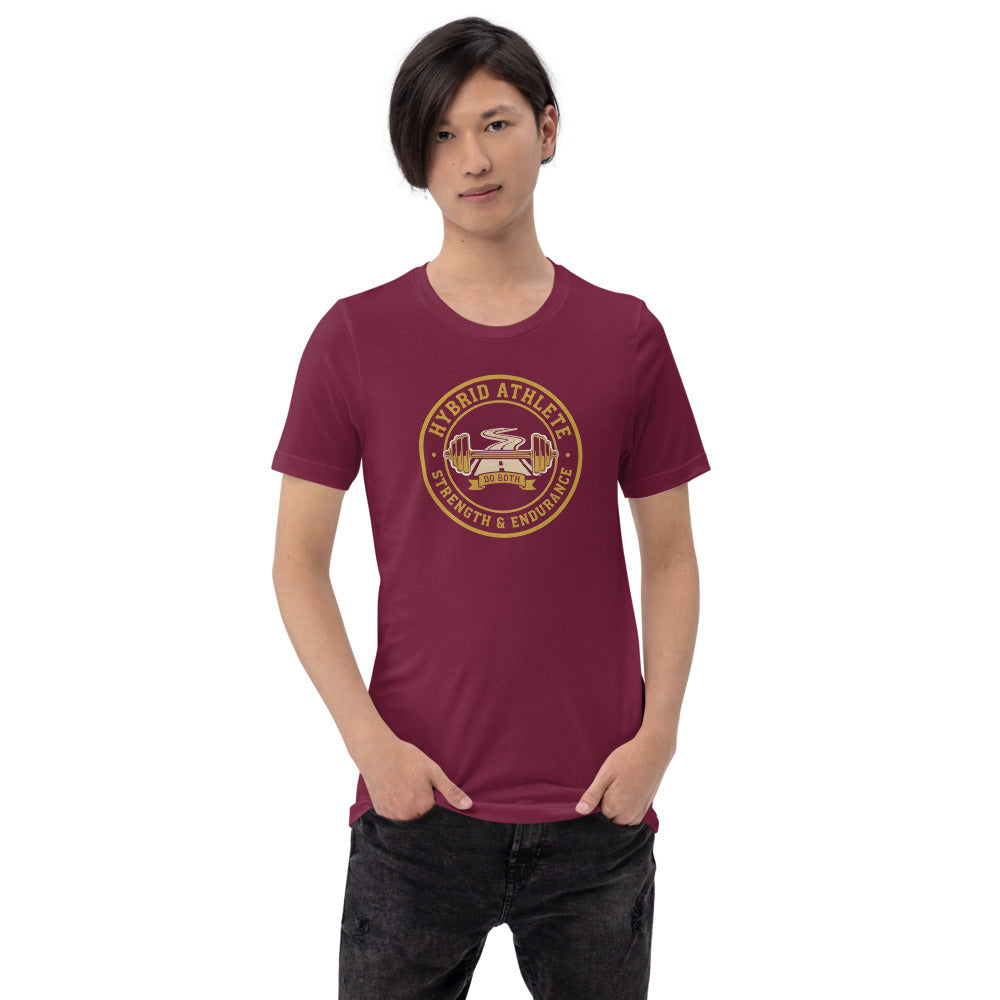 Hybrid Athlete vintage athletic-department crest tee — Maroon, on model