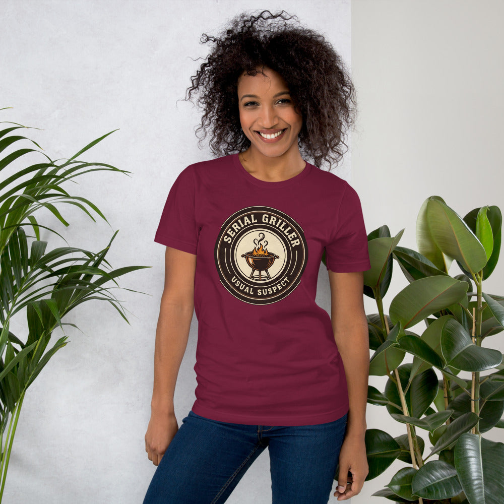 Serial Griller funny BBQ tee — Maroon, on model