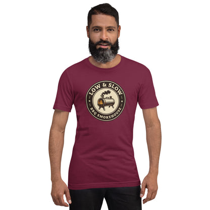 Low & Slow BBQ smoker tee — Maroon, on model