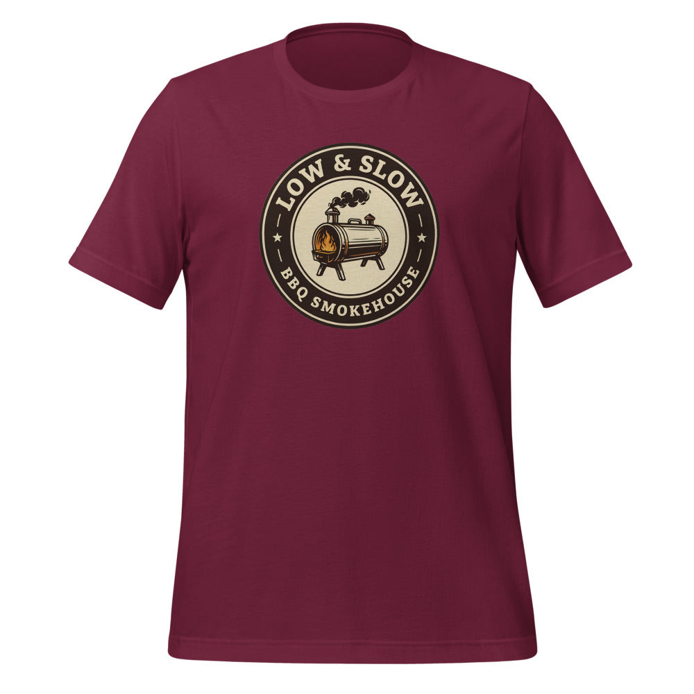 Low & Slow BBQ smoker tee — Maroon, front