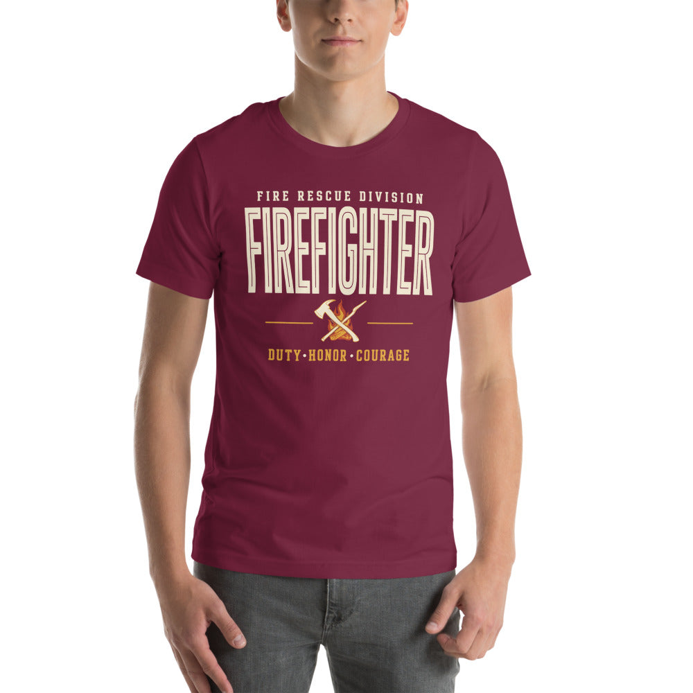 Firefighter collegiate wordmark retro fire-rescue tee — Maroon, on model