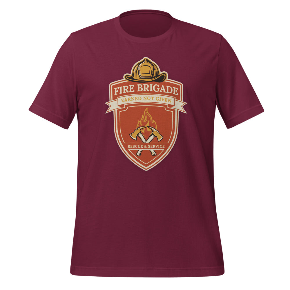 Fire Brigade Earned Not Given retro firefighter shield emblem tee — Maroon, front