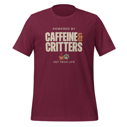 Powered by Caffeine & Critters funny vet tech tee — Maroon, front