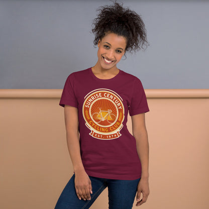 Sunrise Century C.C. retro cycling club badge t-shirt — Maroon, on model
