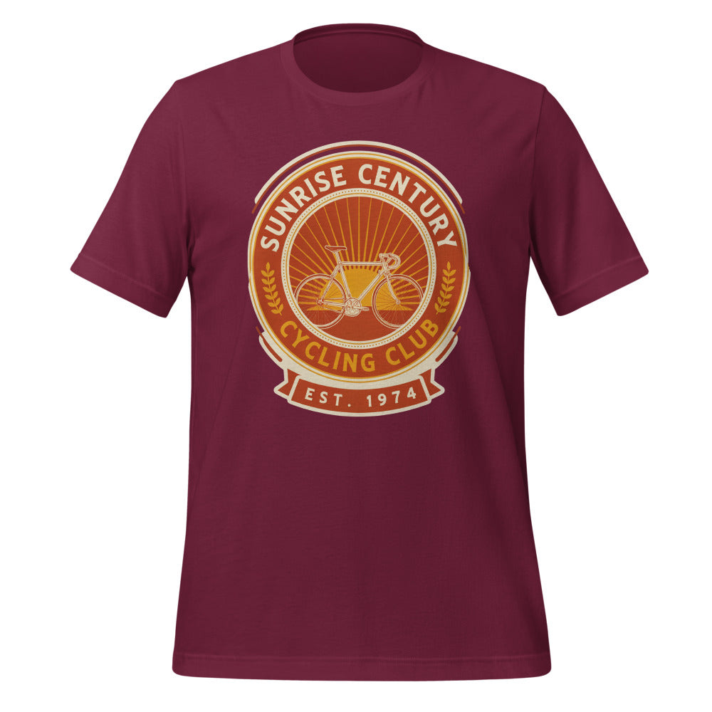 Sunrise Century C.C. retro cycling club badge t-shirt — Maroon, front
