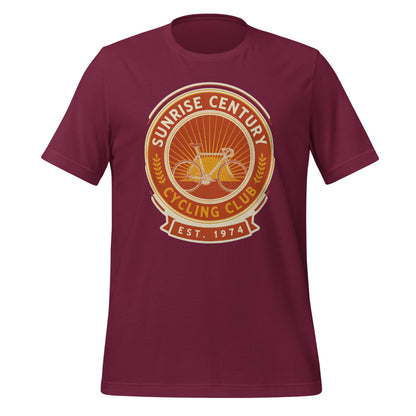 Sunrise Century C.C. retro cycling club badge t-shirt — Maroon, front