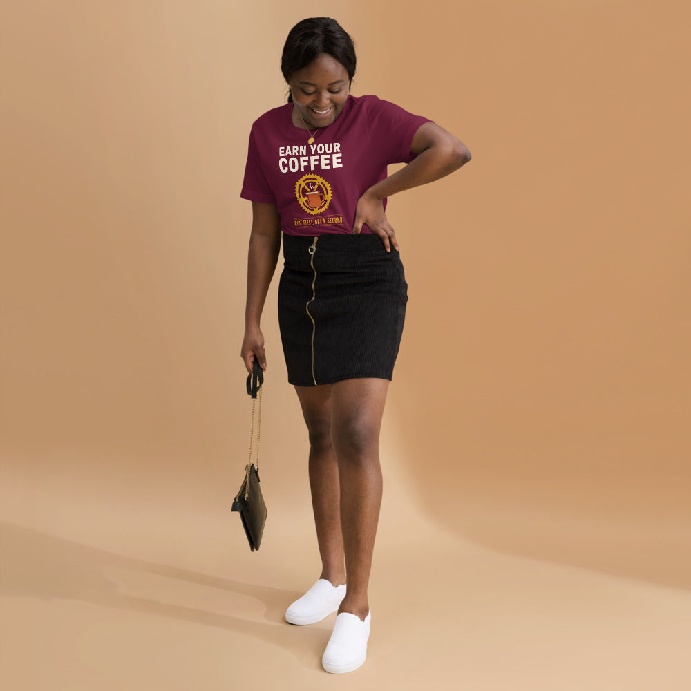 Earn Your Coffee retro cycling coffee t-shirt — Maroon, on model