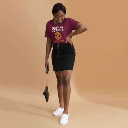 Earn Your Coffee retro cycling coffee t-shirt — Maroon, on model
