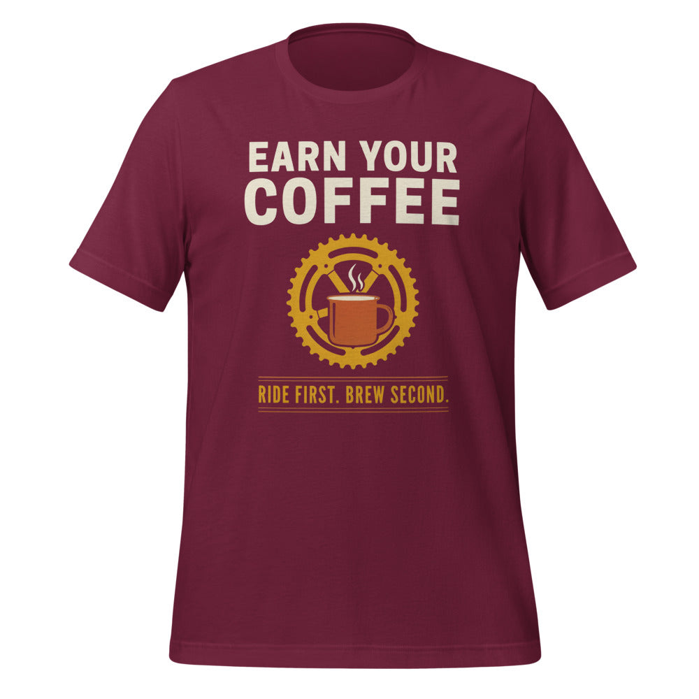 Earn Your Coffee retro cycling coffee t-shirt — Maroon, front