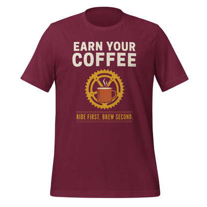 Earn Your Coffee retro cycling coffee t-shirt — Maroon, front