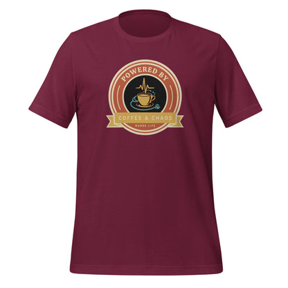 Powered by Coffee & Chaos retro nurse badge tee — Maroon, front