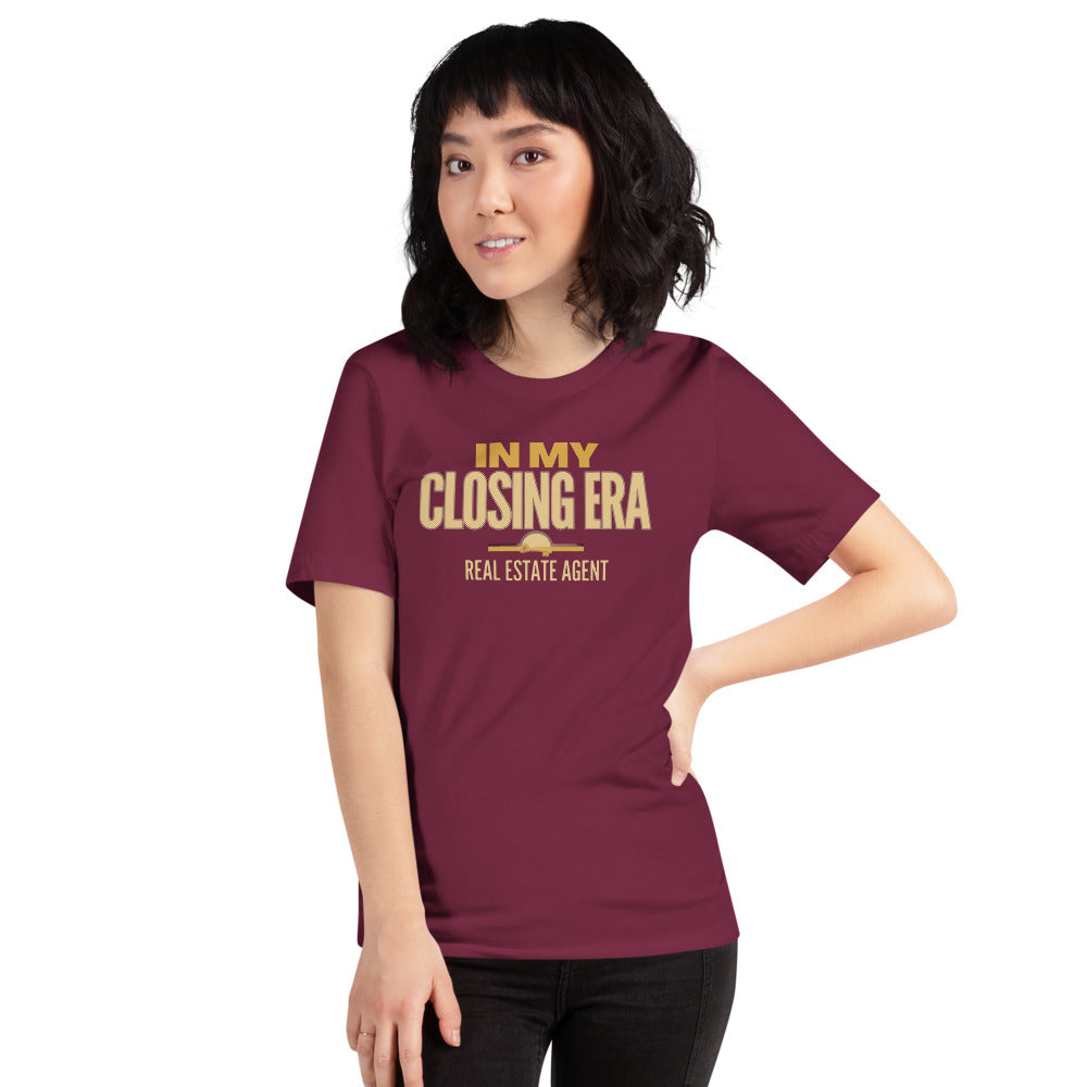 In My Closing Era real estate agent tee — Maroon, on model