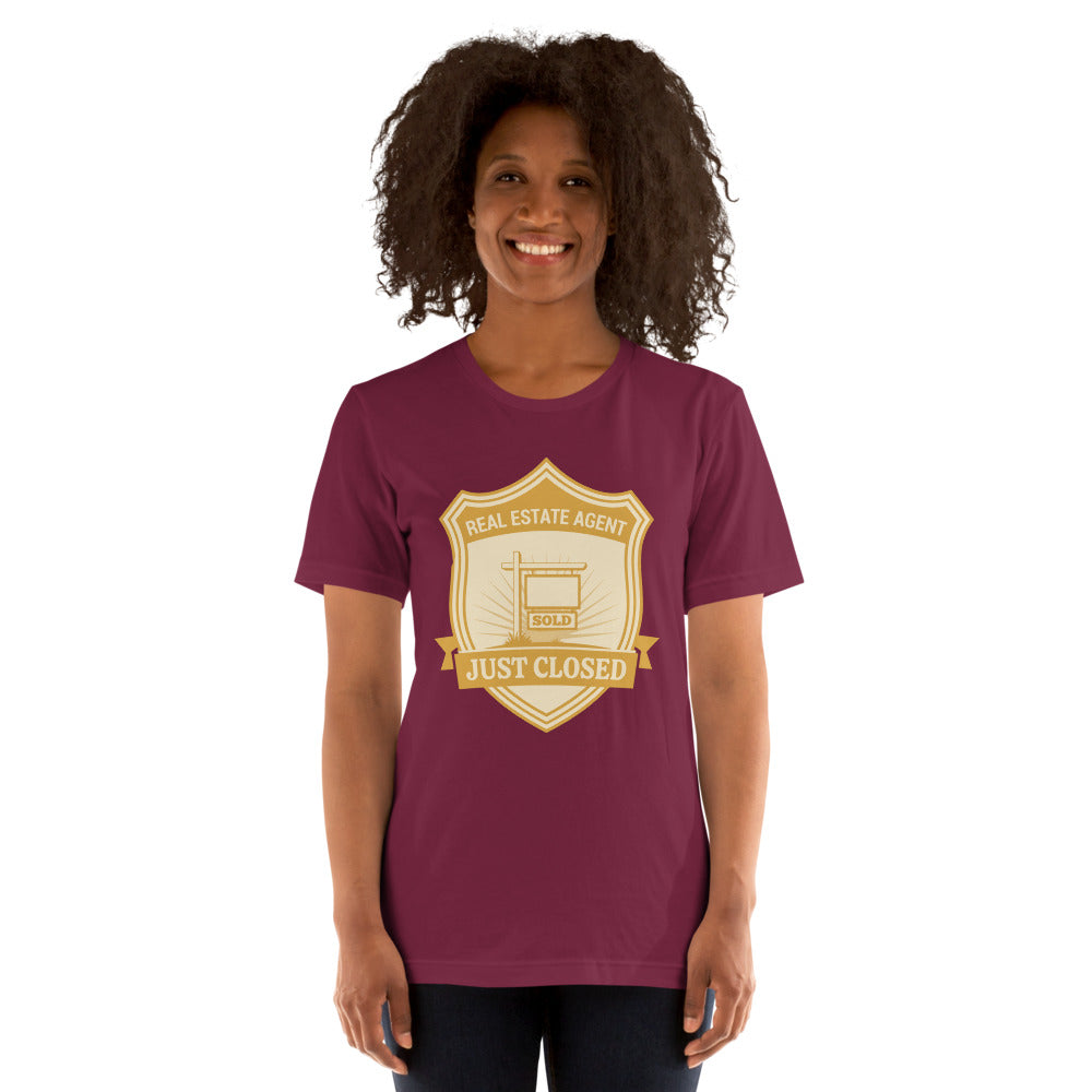 Just Closed real estate agent tee — Maroon, on model