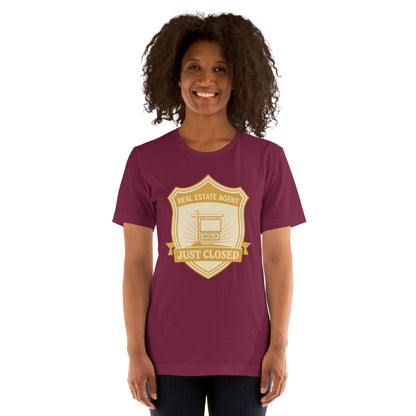 Just Closed real estate agent tee — Maroon, on model