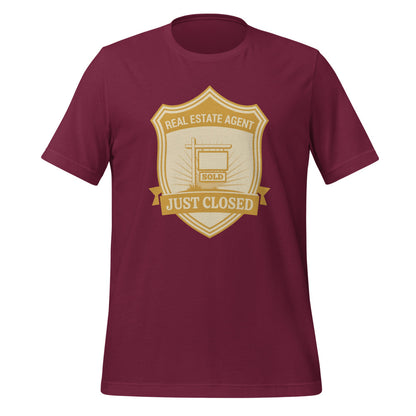 Just Closed real estate agent tee — Maroon, front