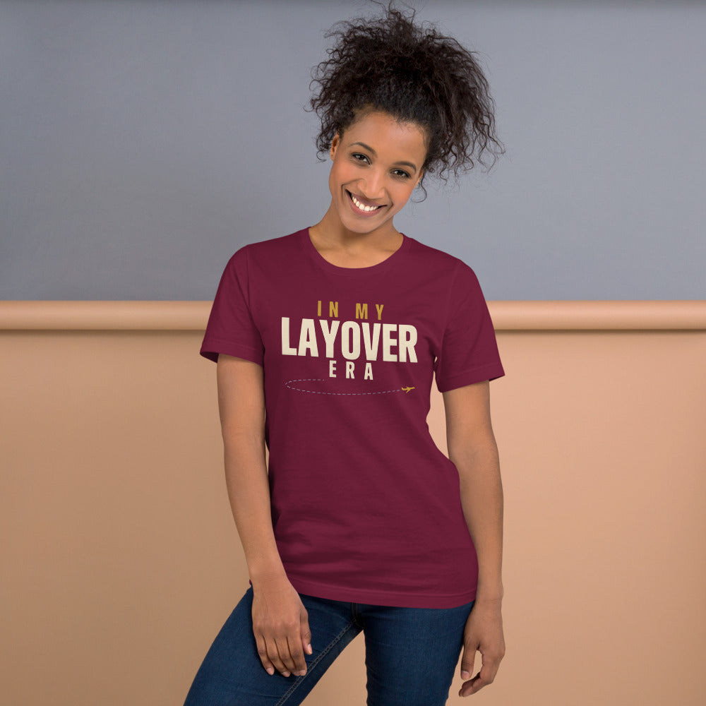 In My Layover Era flight attendant tee — Maroon, on model