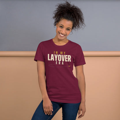 In My Layover Era flight attendant tee — Maroon, on model