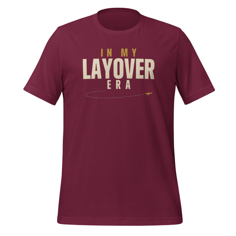 In My Layover Era flight attendant tee — Maroon, front