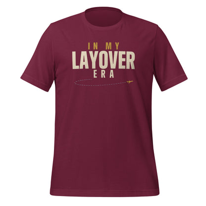 In My Layover Era flight attendant tee — Maroon, front