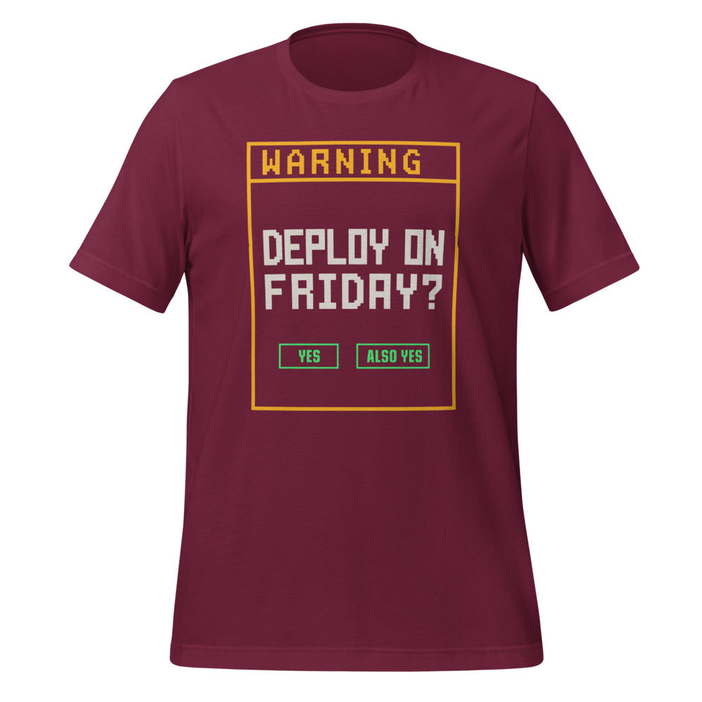 Deploy On Friday programmer tee — Maroon, front