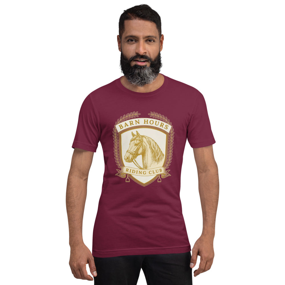 Barn Hours Riding Club vintage equestrian stable crest t-shirt — Maroon, on model