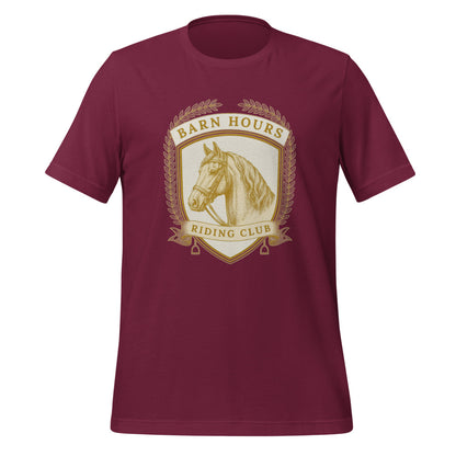 Barn Hours Riding Club vintage equestrian stable crest t-shirt — Maroon, front