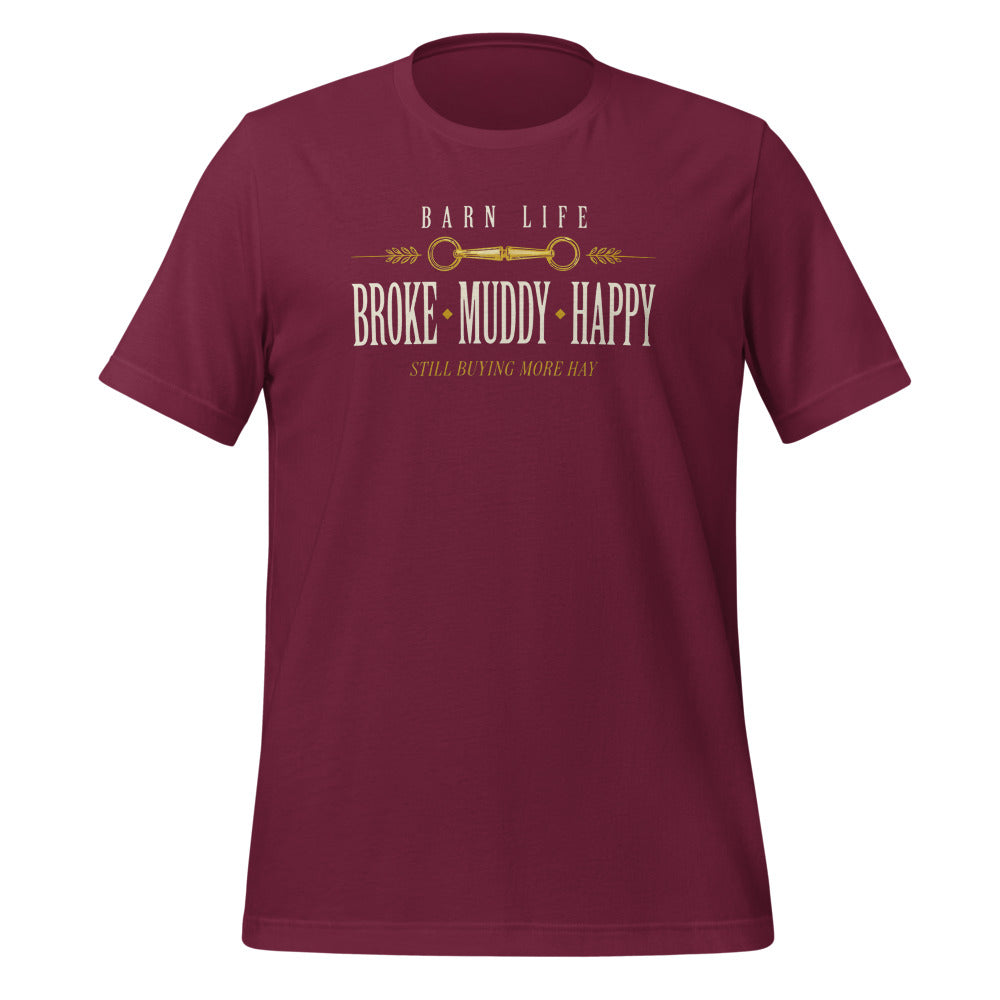 Broke Muddy Happy funny barn life equestrian t-shirt — Maroon, front