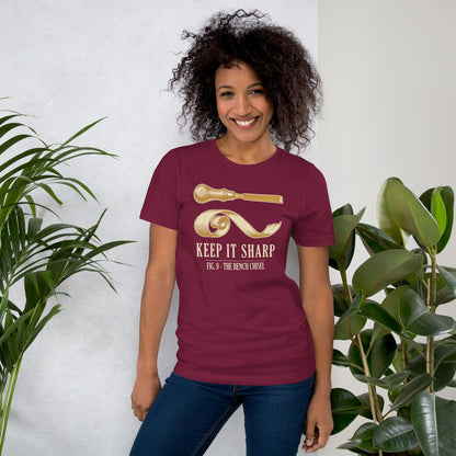 Keep It Sharp woodworking tee — Maroon, on model