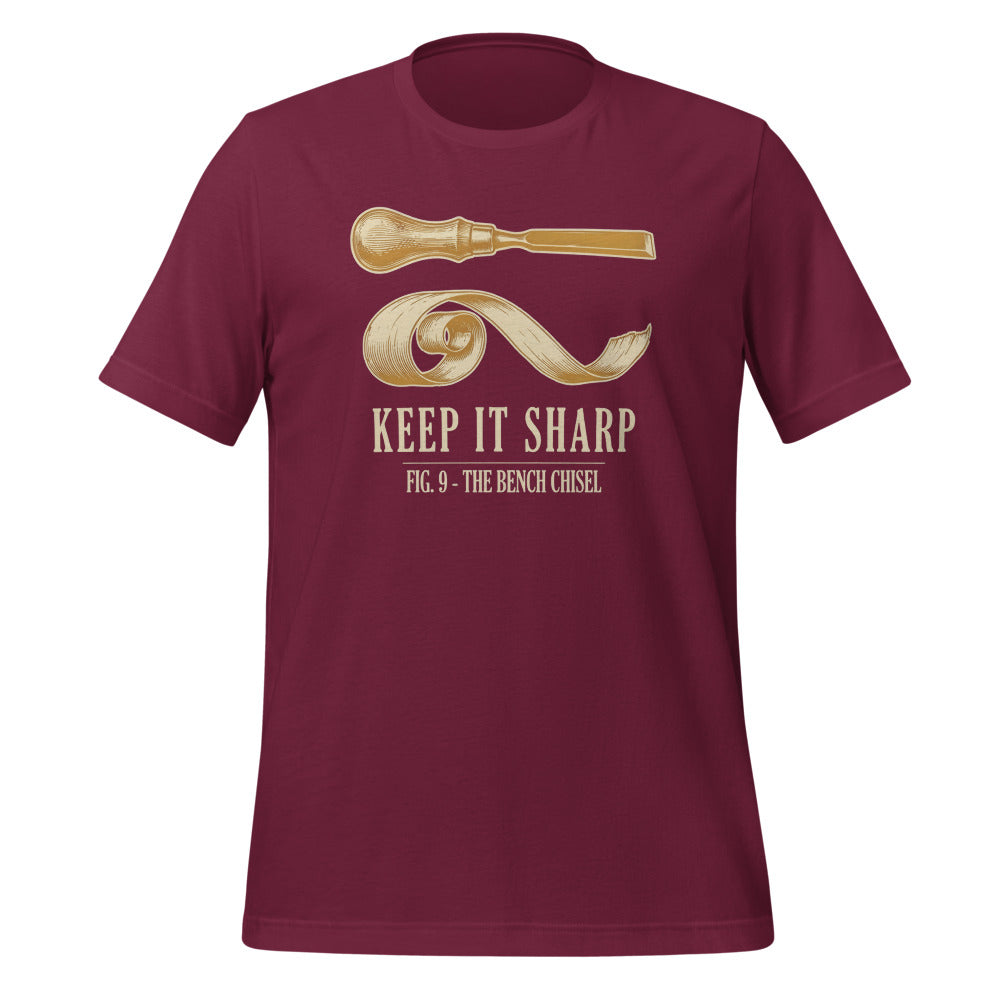 Keep It Sharp woodworking tee — Maroon, front