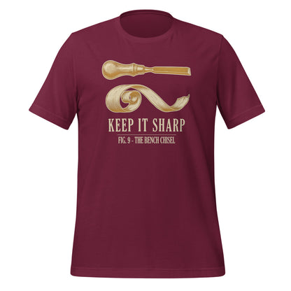 Keep It Sharp woodworking tee — Maroon, front