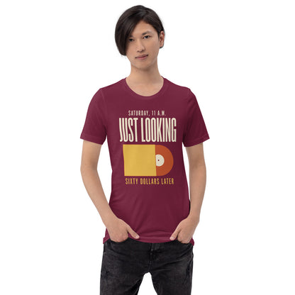 Just Looking Sixty Dollars Later vinyl record tee — Maroon, on model