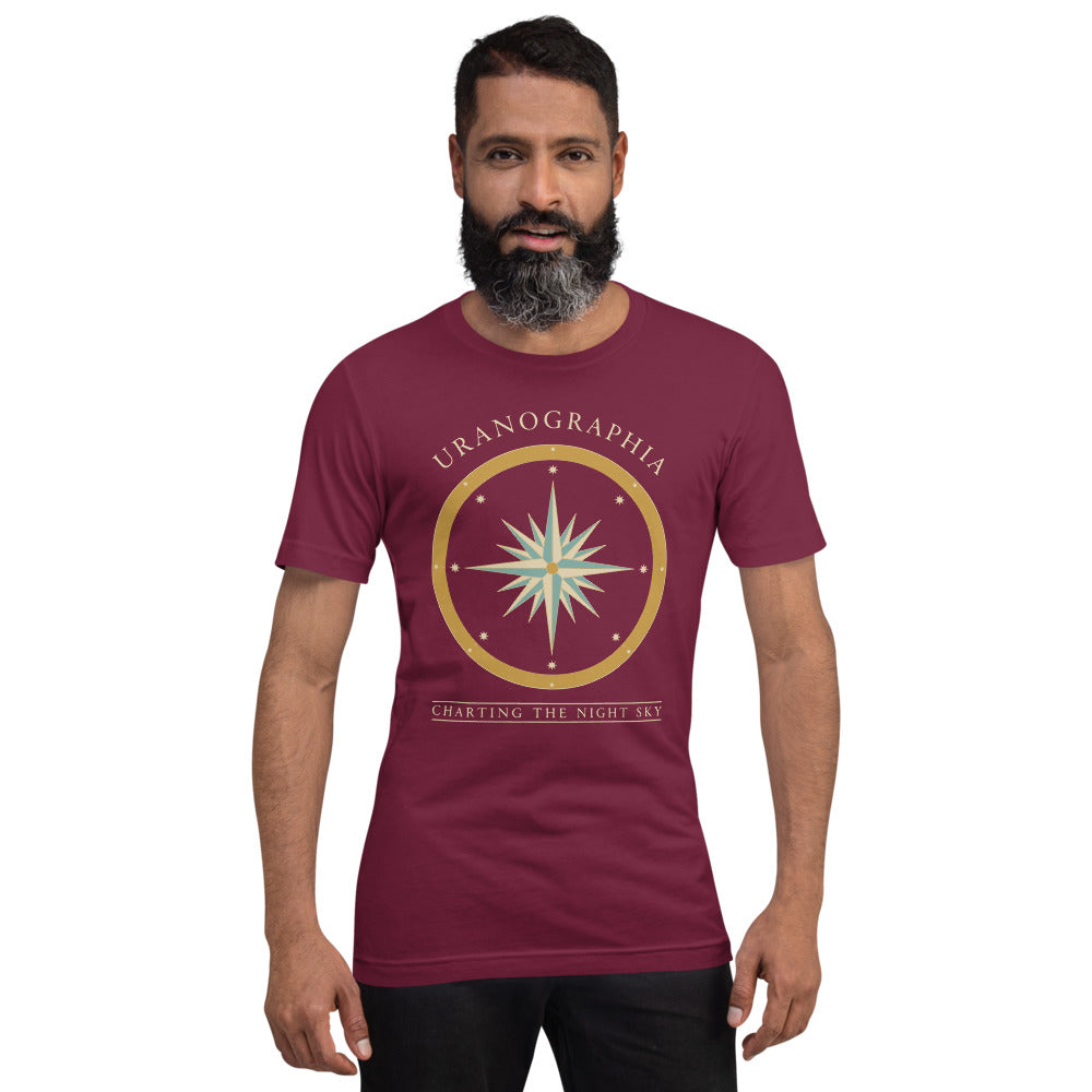 Uranographia vintage celestial chart astronomy tee — Maroon, on model
