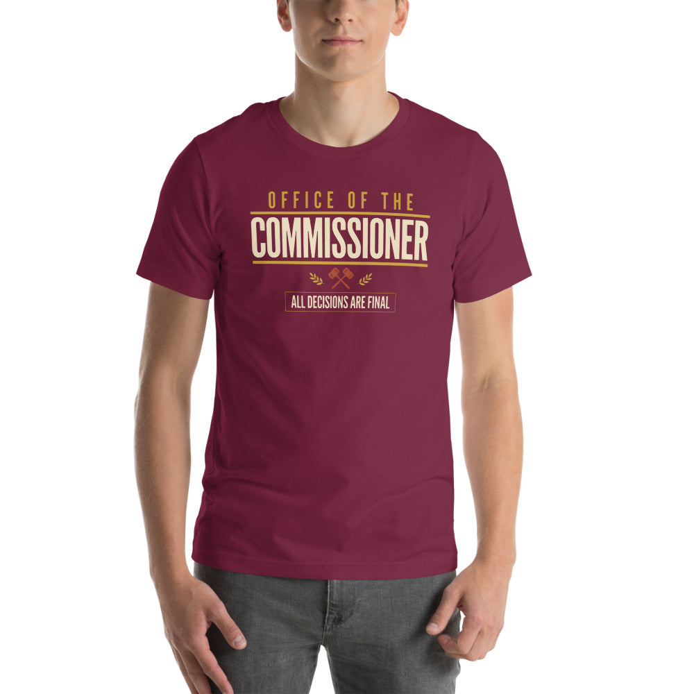 Office of the Commissioner fantasy football draft tee — Maroon, on model