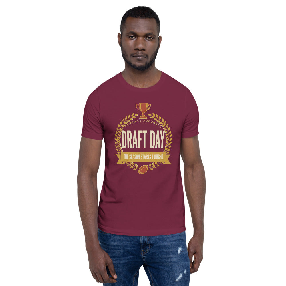 Draft Day Almanac vintage fantasy football draft tee — Maroon, on model