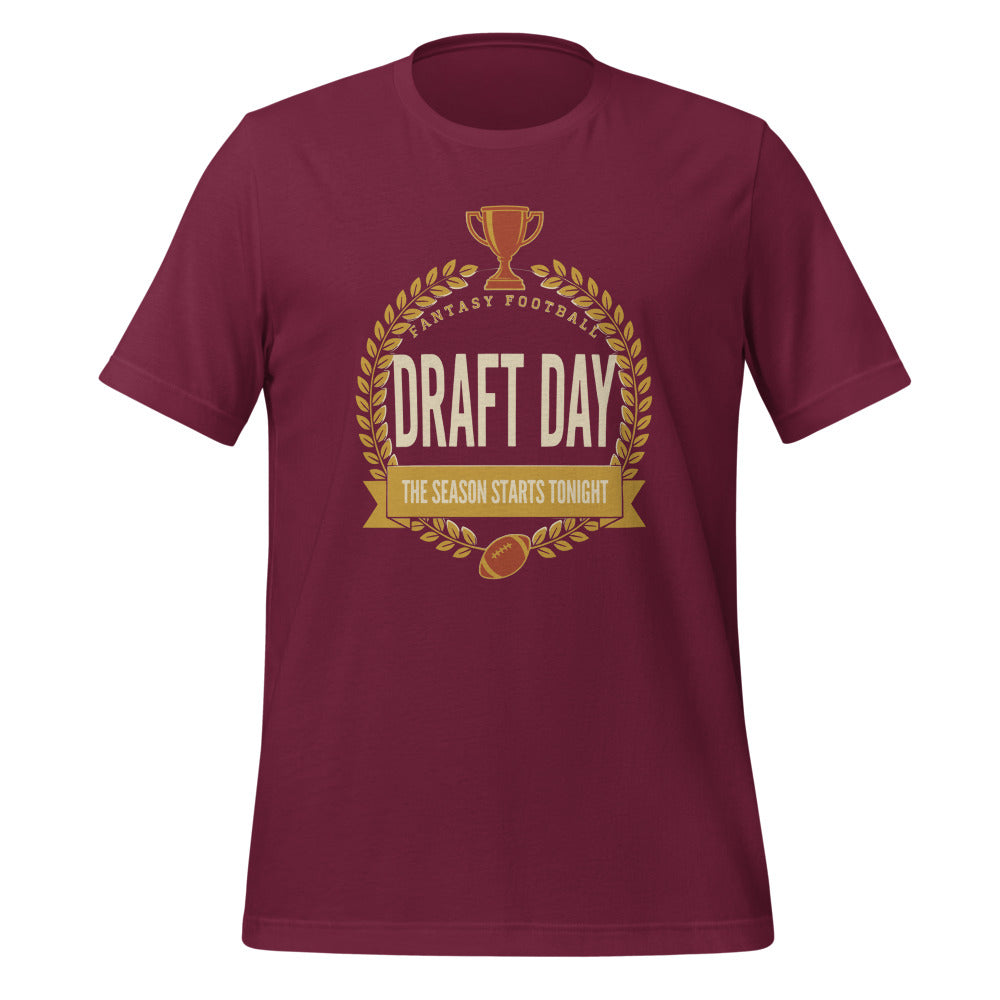 Draft Day Almanac vintage fantasy football draft tee — Maroon, front