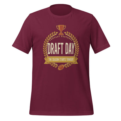Draft Day Almanac vintage fantasy football draft tee — Maroon, front