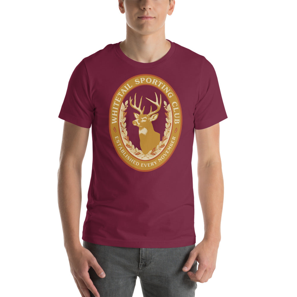Whitetail Sporting Club vintage deer hunting tee — Maroon, on model