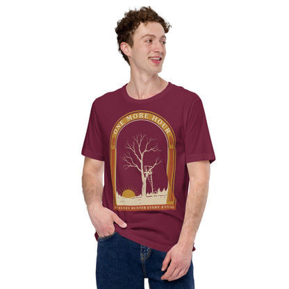 One More Hour funny deer hunting tee — Maroon, on model